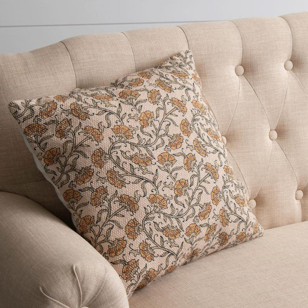 Block Print Pillow with Mustard Flowers