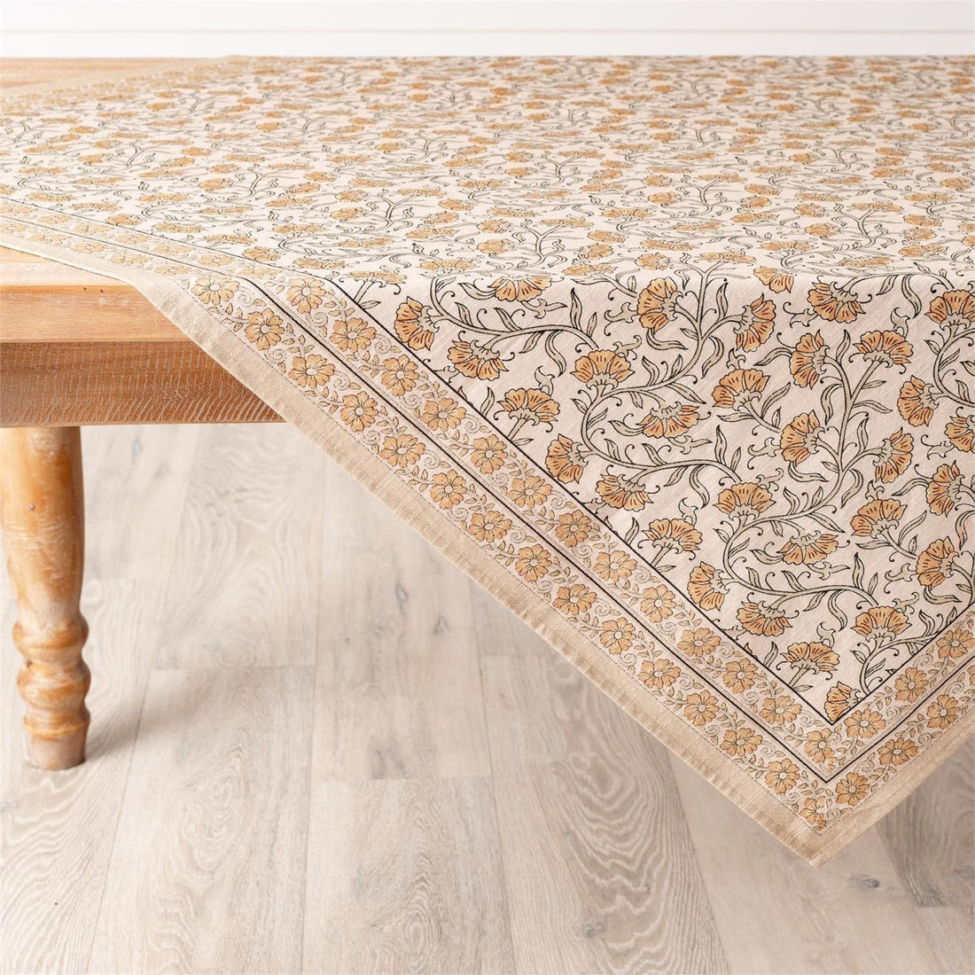 Block Print Mustard Flowers Tablecloth and Napkin Collection