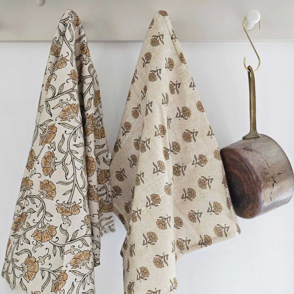 Block Print Mustard Flowers Tea Towel Set