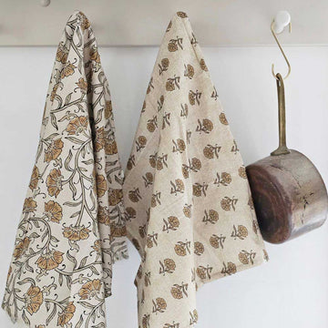 Block Print Mustard Flowers Tea Towel Set