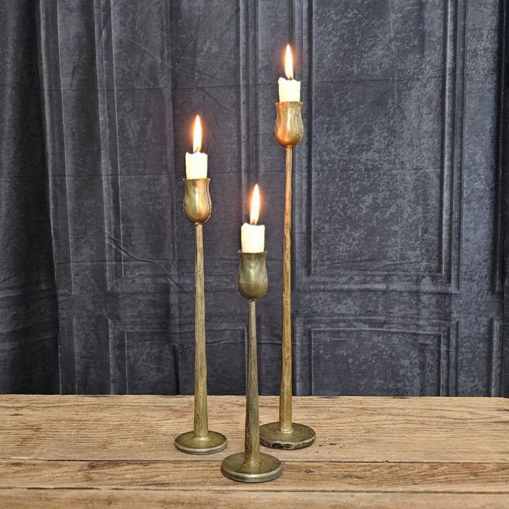 Antiqued Brass Taper Candle Holder, Set of Three