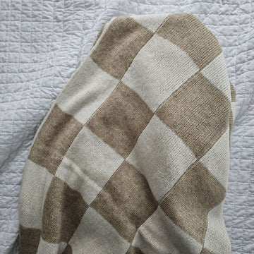 Knit Beige and Cream Checkered Throw Blanket