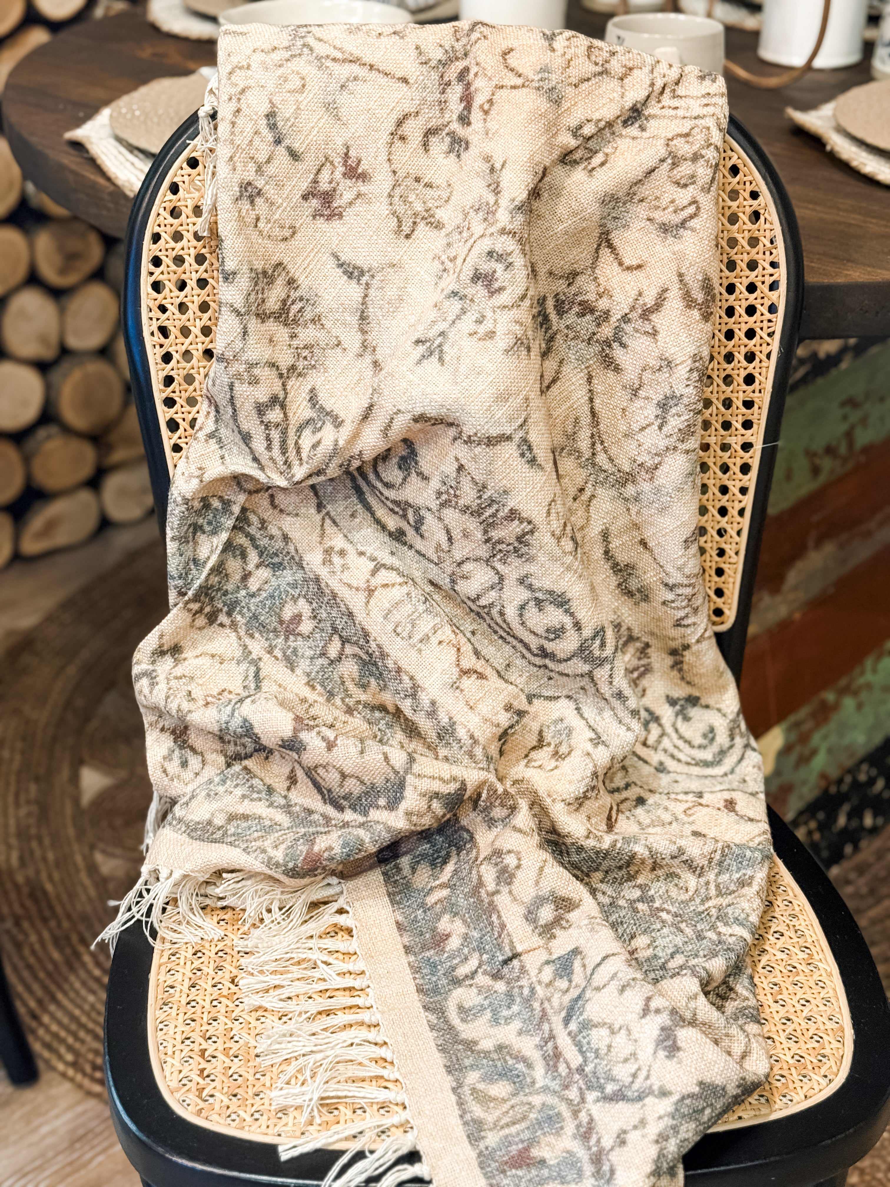 Antique Rug Slub Throw, Faded Grey And Cream