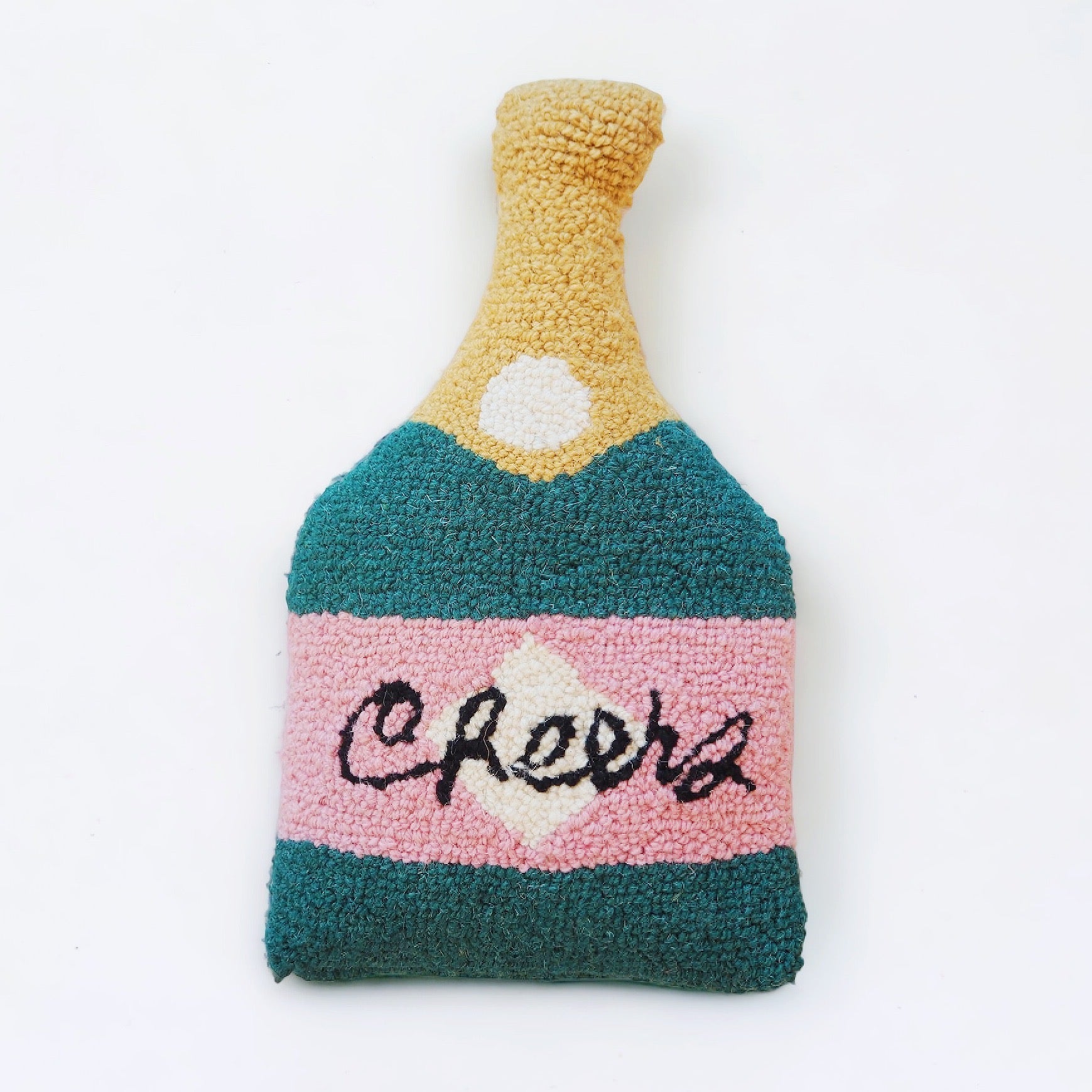 Cheers Champagne Bottle Hooked-Knit Throw Pillow