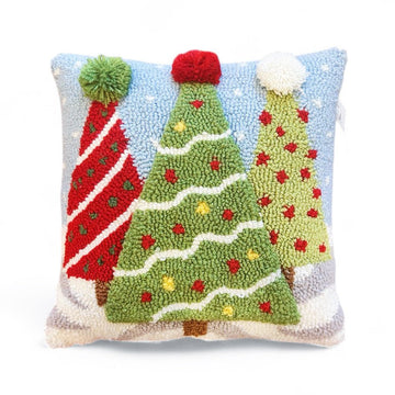 Christmas Tree Pom Pom Hooked Pillow