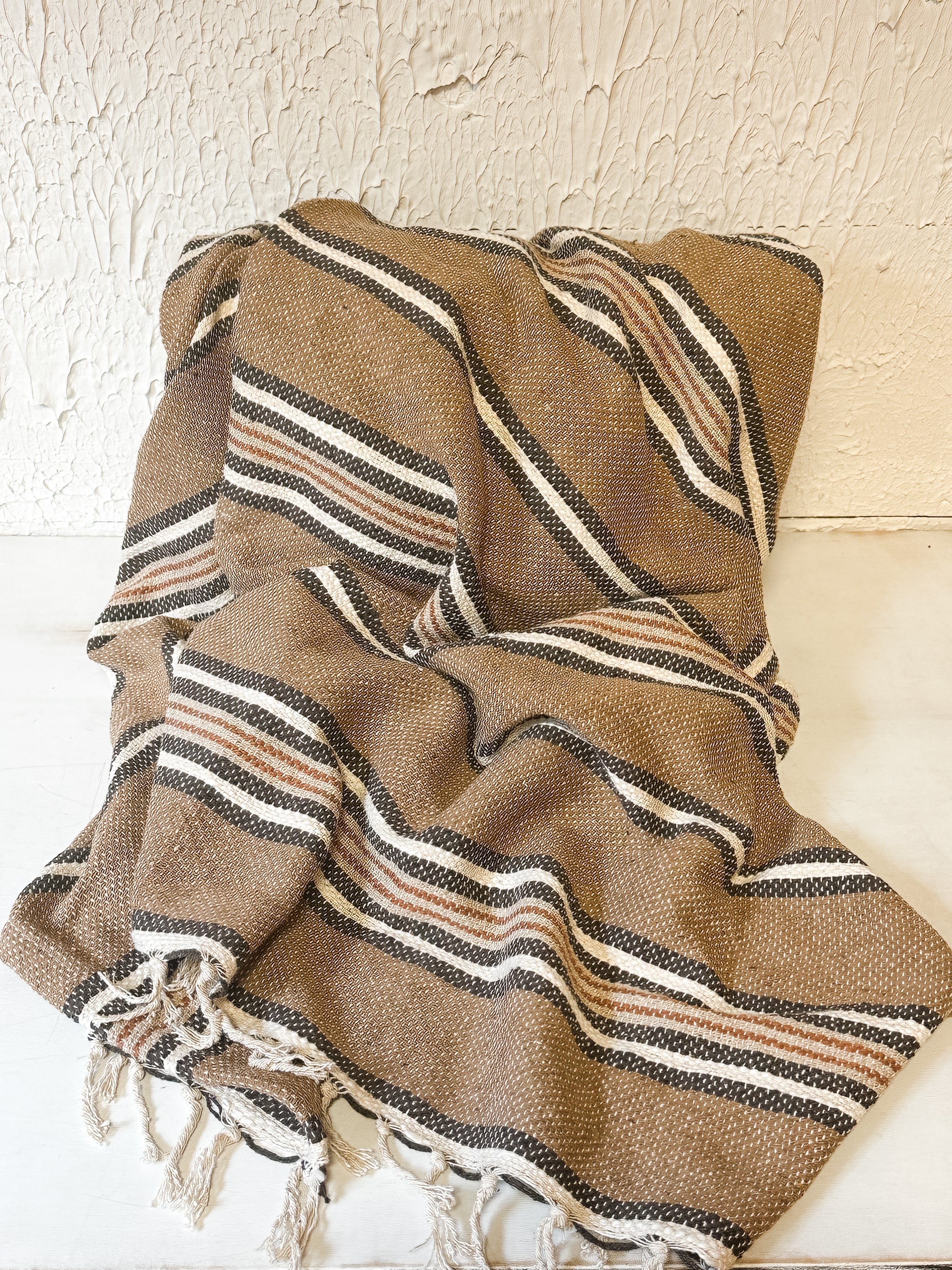 Cotton Blend Throw With Stripes & Fringe