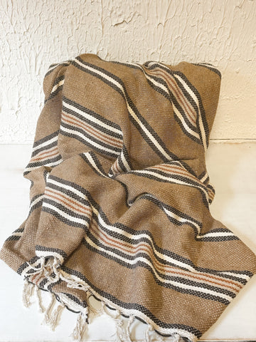 Cotton Blend Throw With Stripes & Fringe