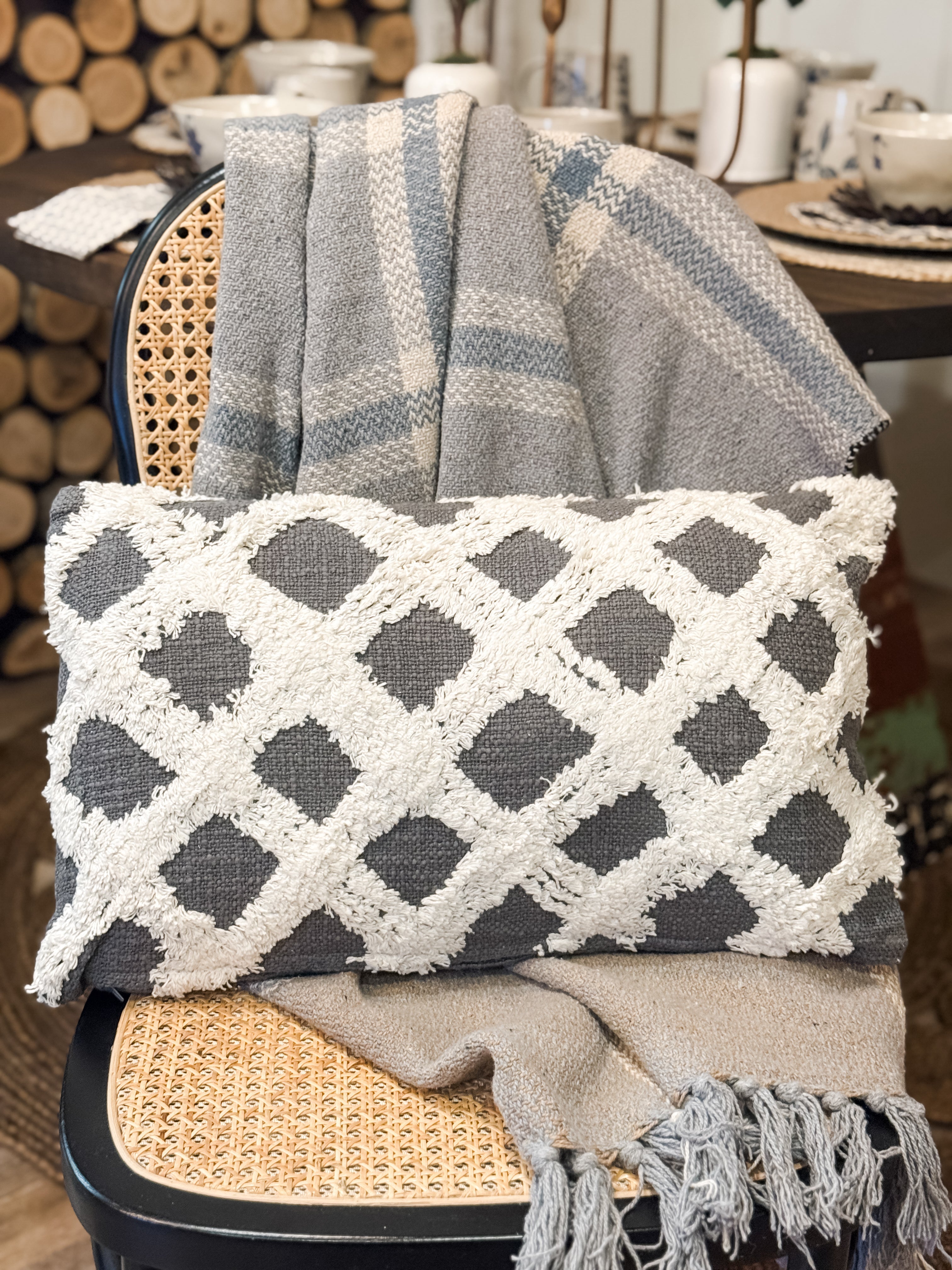 Grey And White Criss-Cross Lumbar Pillow