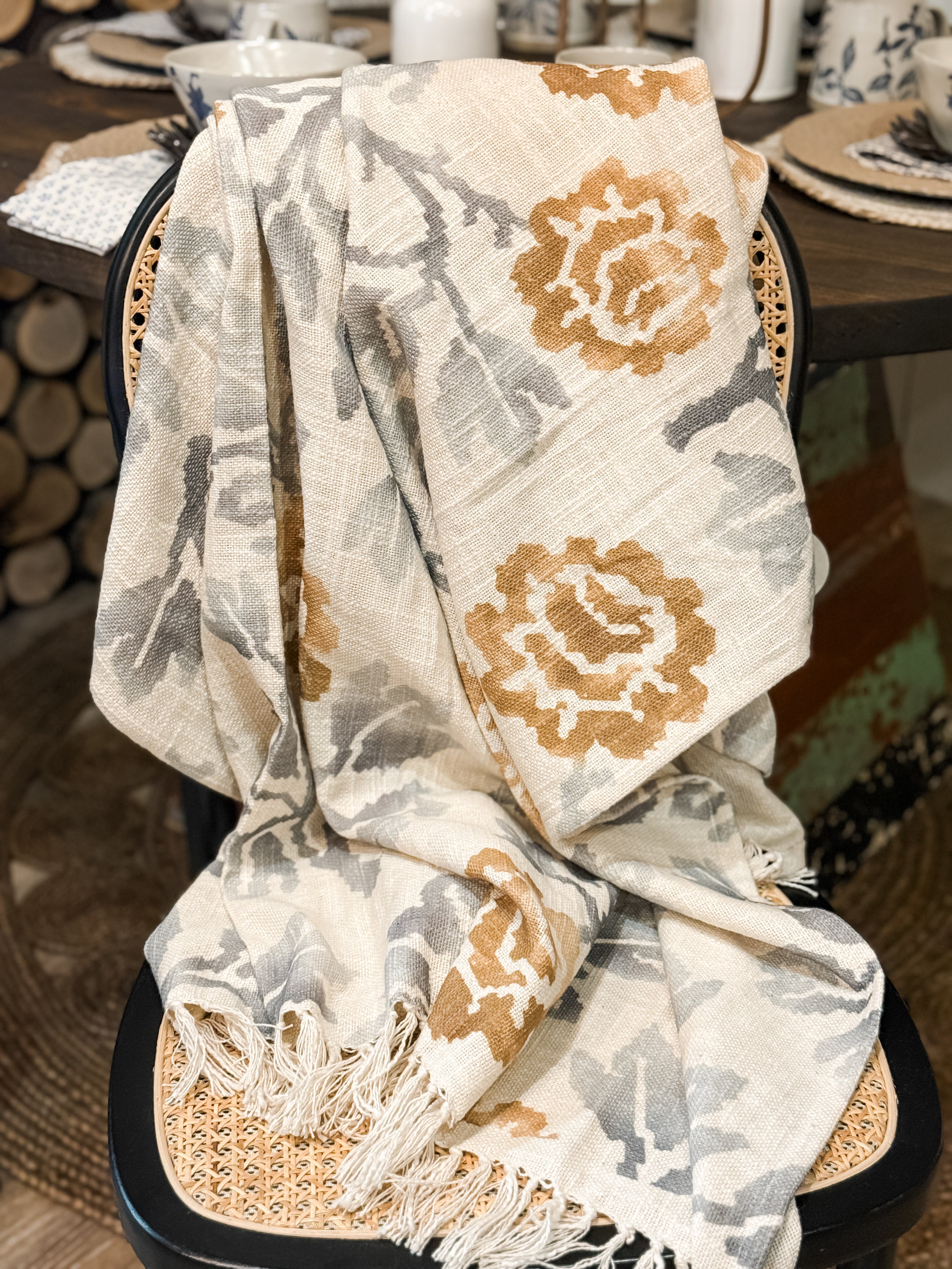 Blue/Grey & Brown Floral Motif Throw