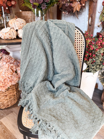 Waffle Weave Throw with Fringe, Green