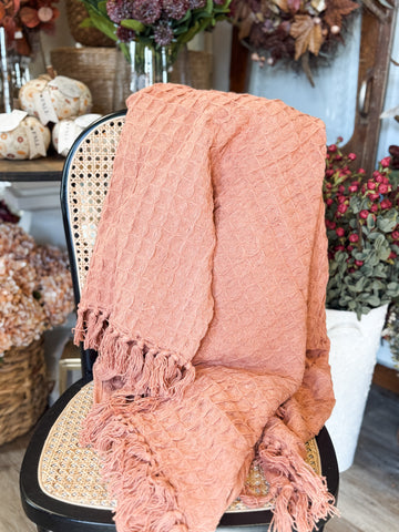 Waffle Weave Throw with Fringe, Rust Color